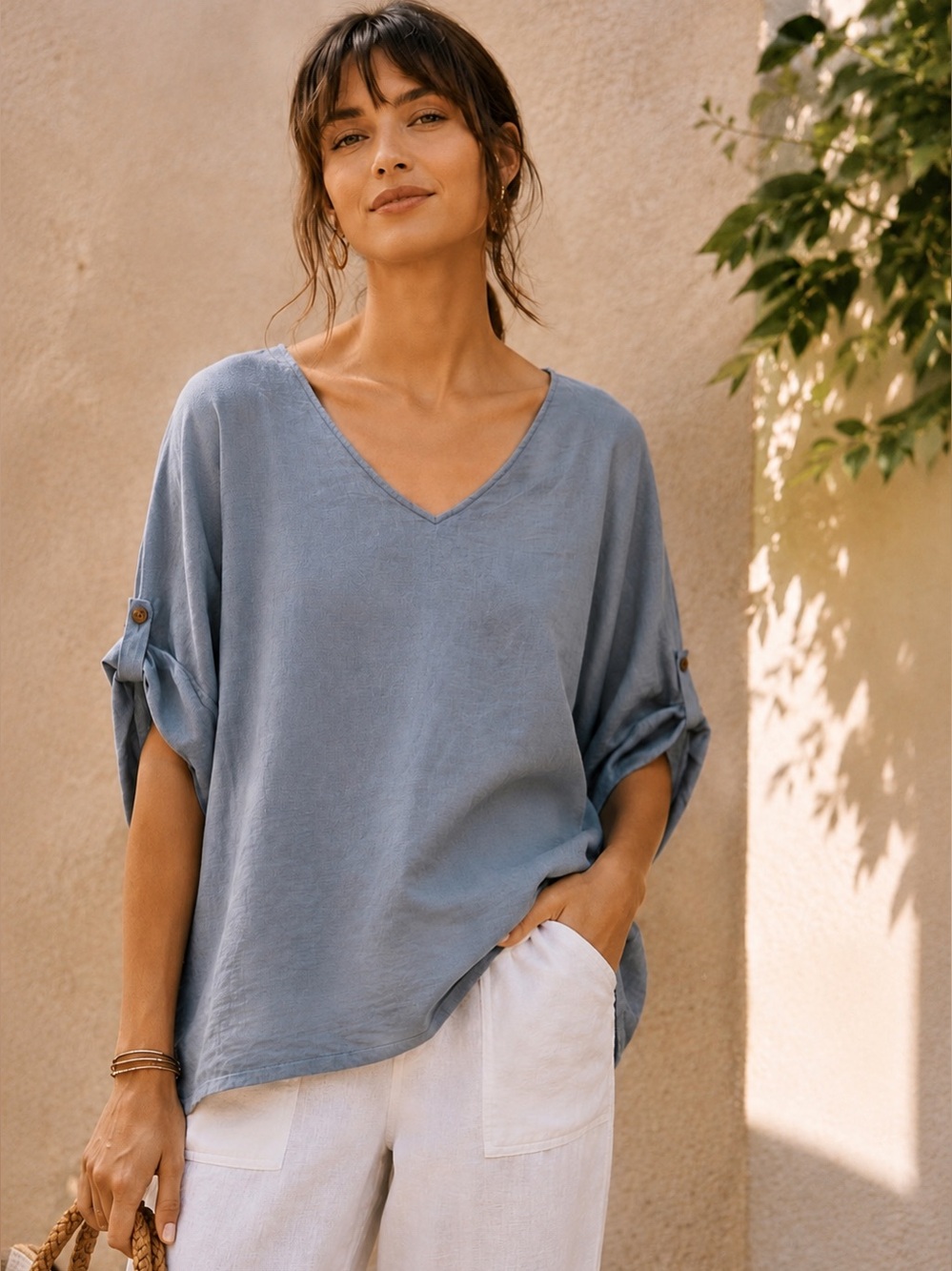 100% Cotton Blue Oversized Tunic Top S/M Boho Coastal